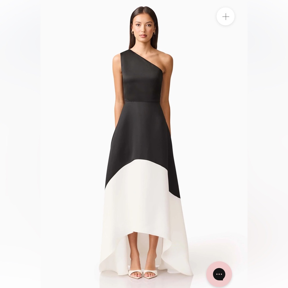 elliatt sorrel black & white satin high low one shoulder maxi gown dress small